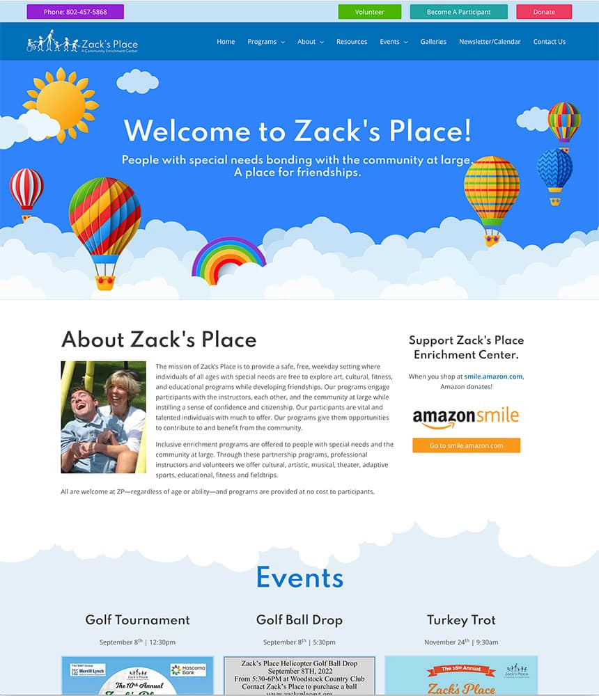 Screenshot of Zacksplacevt.org website.